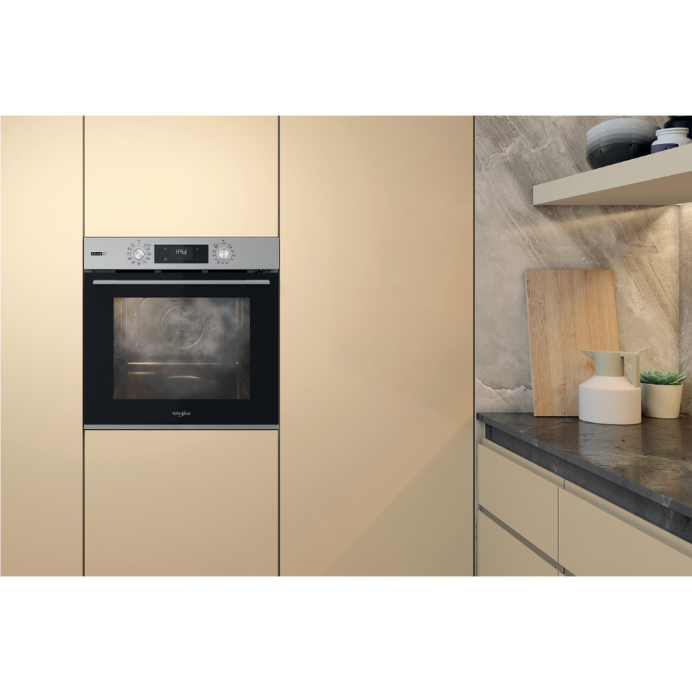 Whirlpool OMSK58RU1SX beépíthető sütő, pirolitikus és hidrolitikus tisztítás, 71L, 59.5x55.1x59.5 cm, nemesacél szín 