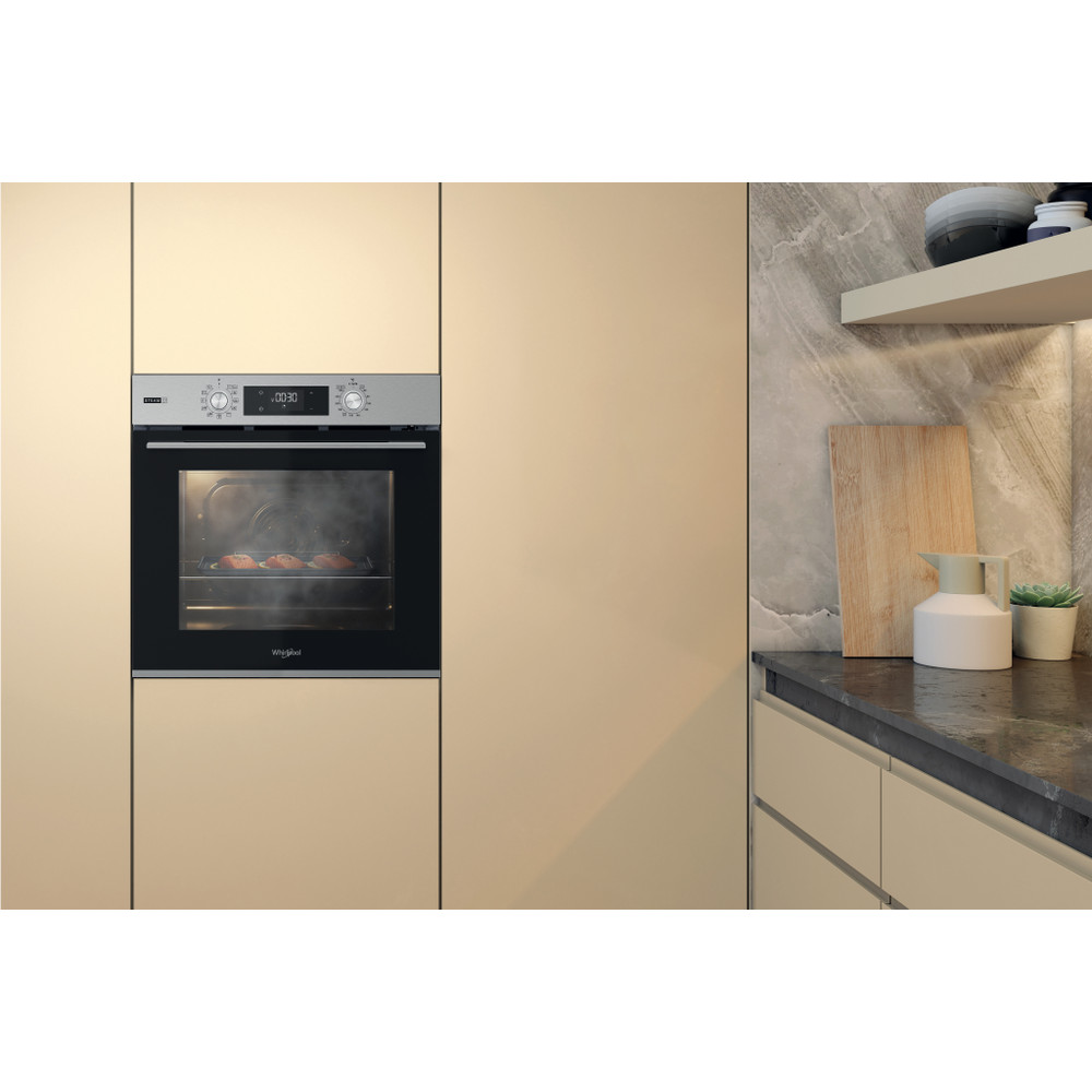 Whirlpool OMSK58RU1SX beépíthető sütő, pirolitikus és hidrolitikus tisztítás, 71L, 59.5x55.1x59.5 cm, nemesacél szín 