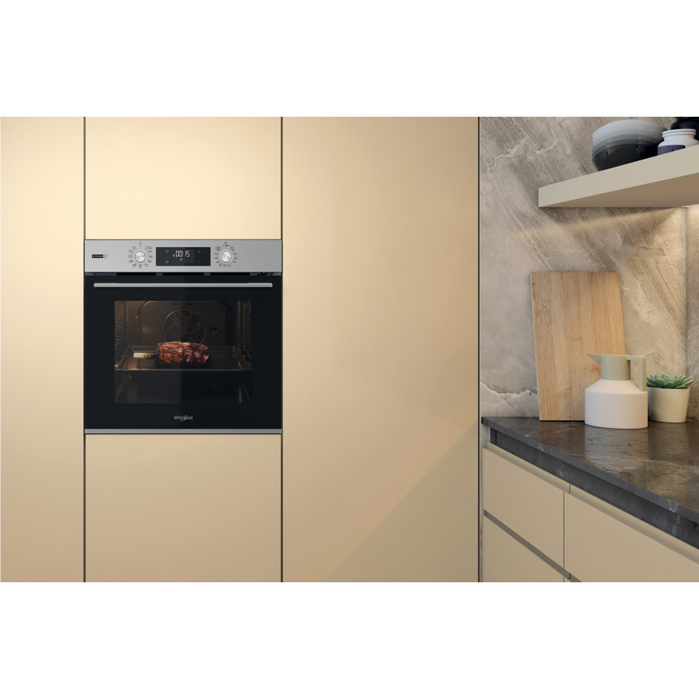 Whirlpool OMSK58RU1SX beépíthető sütő, pirolitikus és hidrolitikus tisztítás, 71L, 59.5x55.1x59.5 cm, nemesacél szín 