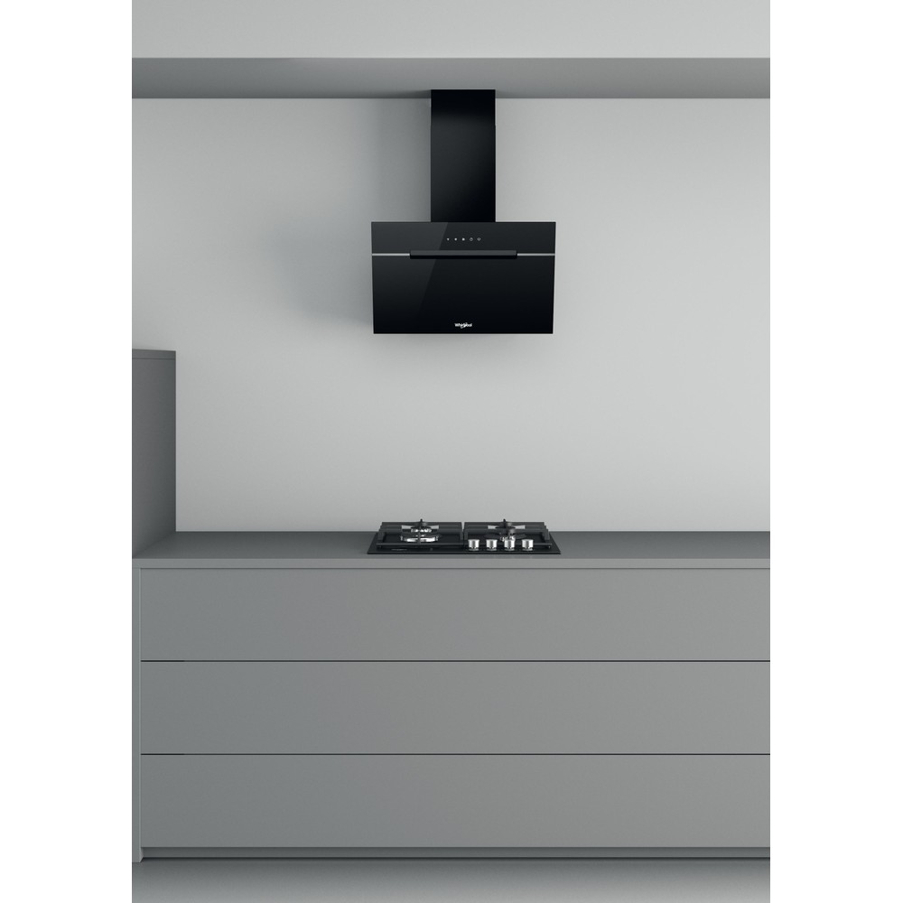 Whirlpool WHVP 62F LT SK beépíthető falra szerelhető döntött kürtös konyhai elszívó, LED világítás, 59.8x32.6x63 cm, fekete szín