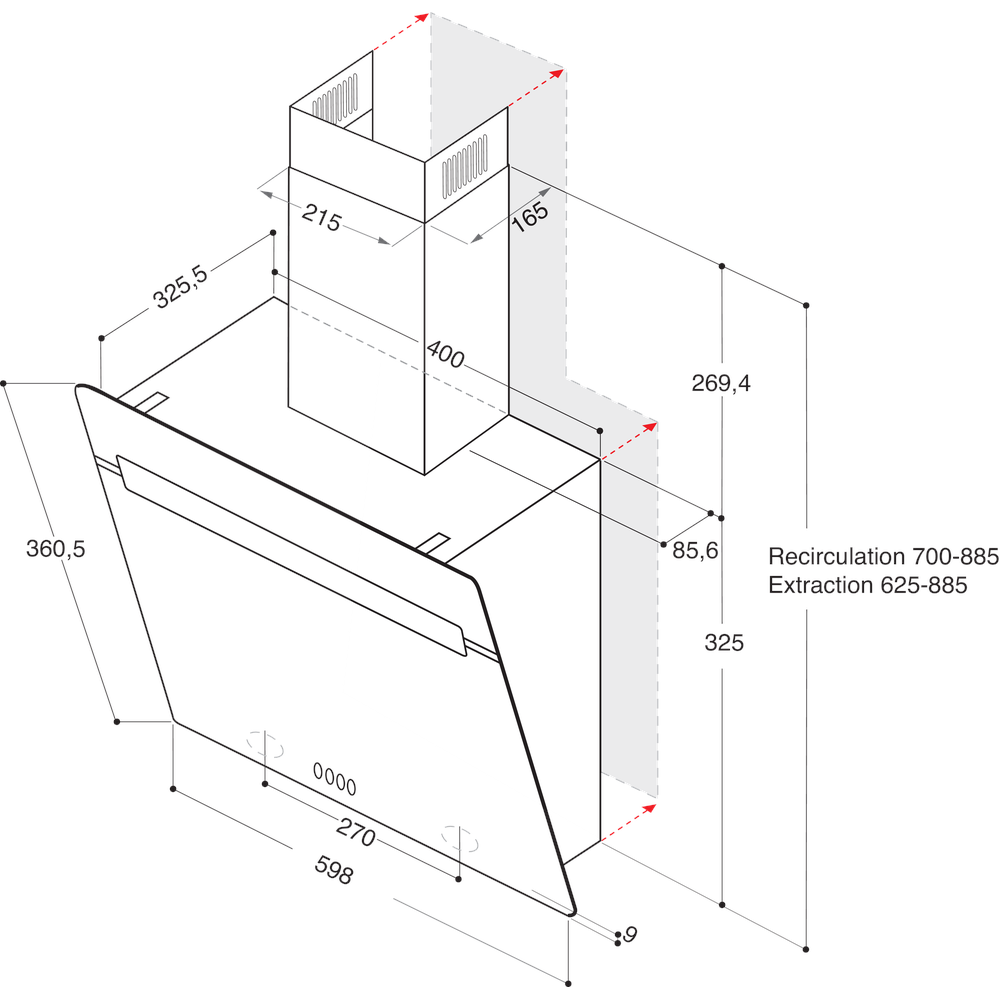 Whirlpool WHVP 62F LT SK beépíthető falra szerelhető döntött kürtös konyhai elszívó, LED világítás, 59.8x32.6x63 cm, fekete szín