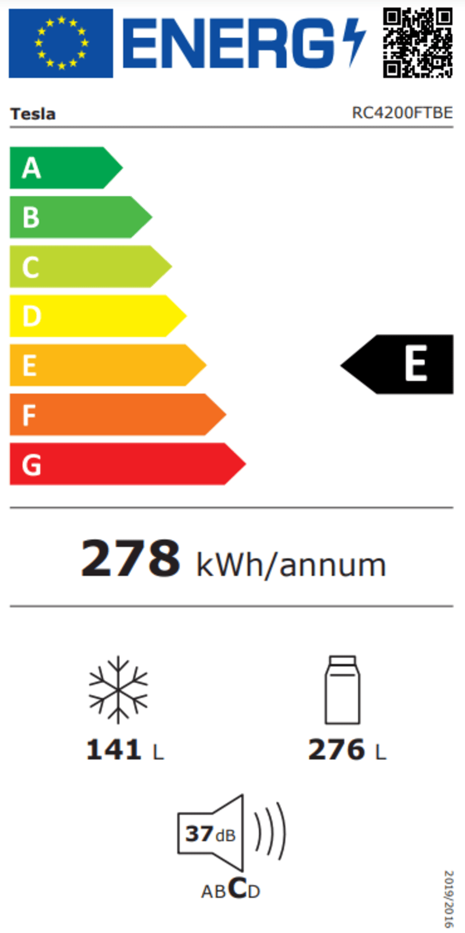 Tesla RC4200FTBE Total No Frost alulfagyasztós kombinált hűtőszekrény, 276/141L, 67x70.3x185 cm, fekete szín 