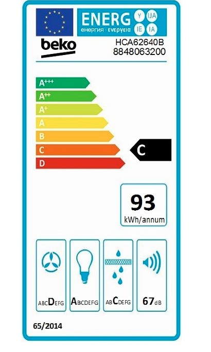 Beko HCA62640B beépíthető falra szerelhető döntött kürtös konyhai elszívó, 39.1x60x75 cm, fekete szín 