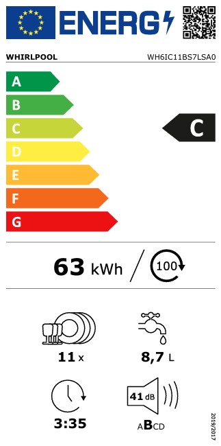 Whirlpool WH6IC11BS7LSA0 teljesen beépíthető mosogatógép, 11 teríték, 3 kosár, automatikus ajtónyitás, 44.8x55.5x82 cm 