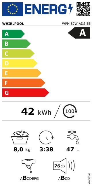 Whirlpool WPM 87W ADS EE elöltöltős mosógép, 8 kg, inverter motor, 60x55x84.5 cm