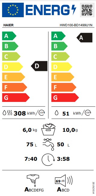 Haier HWD100-BD1499U1N mosó-szárítógép, 10/6 kg, inverter motor, Wifi, 70x55x99 cm