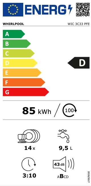 Whirlpool WIC 3C33 PFE teljesen beépíthető mosogatógép, 14 teríték, 3 kosár, automatikus ajtónyitás, 59.8x55.5x82 cm, ezüst szín 