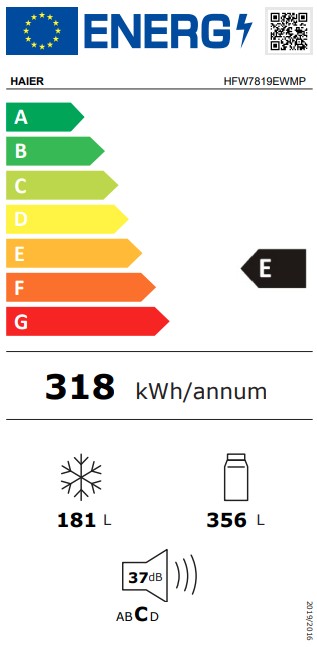 Haier HFW7819EWMP Total No Frost side by side hűtőszekrény francia ajtós kialakítással, 356/181L, Dual Inverter Kompresszor, Wifi, 83x66.9x192.5 cm, platina inox 