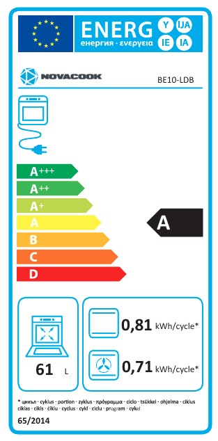 Novacook BE10-LDB beépíthető sütő 10féle sütési funkcióval, 59.4x58.9x59.5 cm, fekete