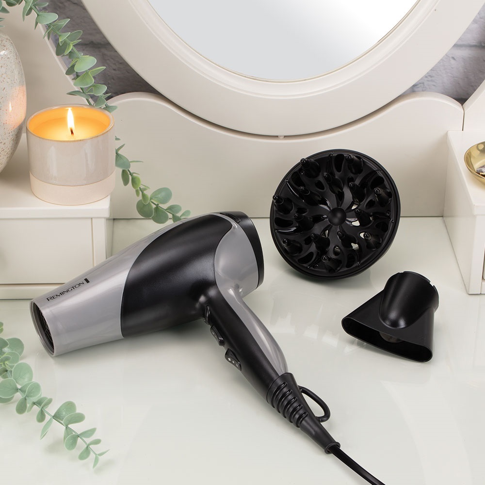Remington D3190S Ionic Dry hajszárító, 2200W, ionizáló funkció, diffúzor, fekete/szürke 