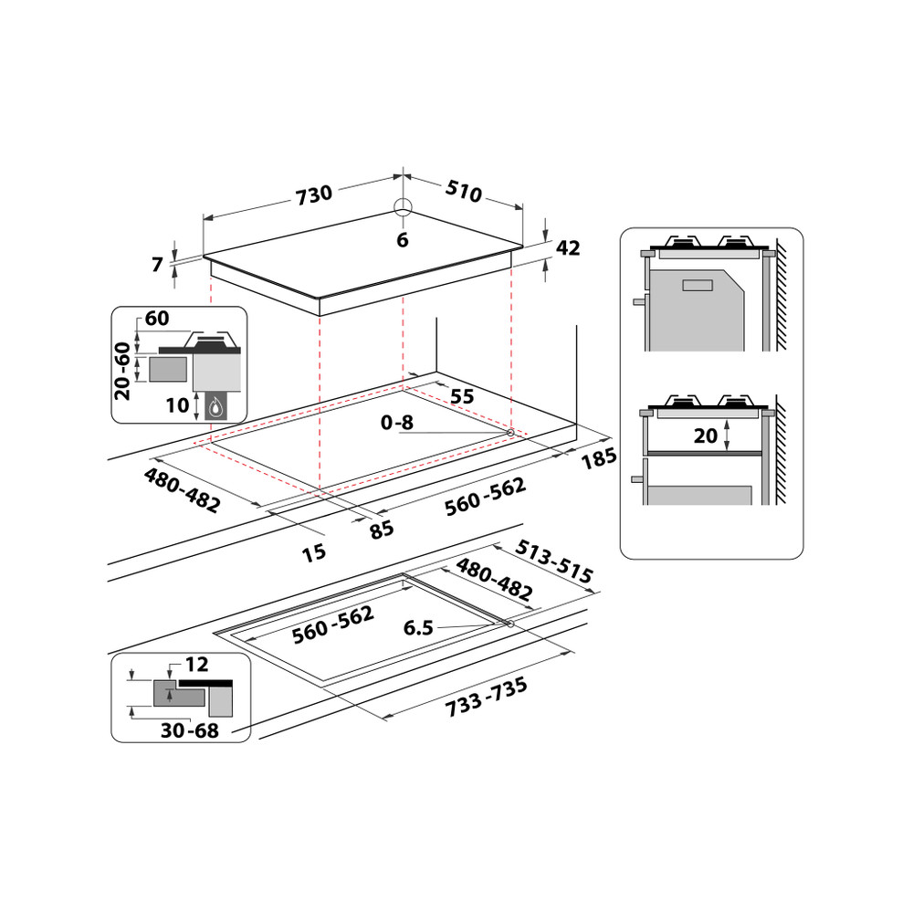 Whirlpool GOWL 728/NB beépíthető gáz főzőlap, 73x51x5.4 cm, fekete szín, GOWL 728NB