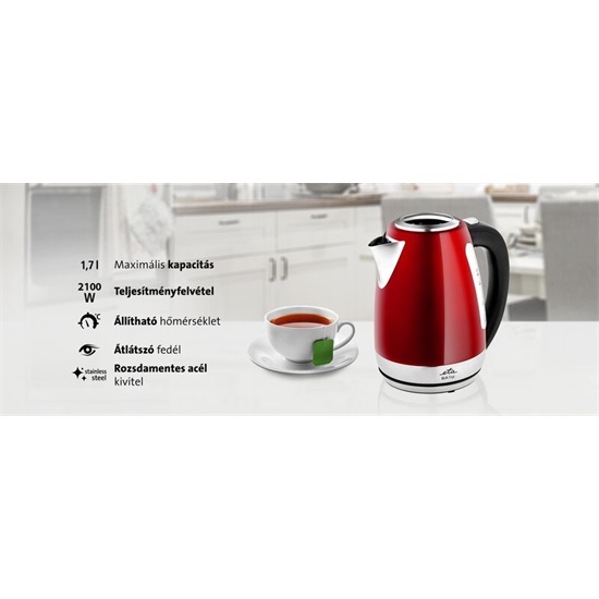 Eta 959890010 vízforraló, 2200W,1.7L, vízhőmérséklet szabályozás, dupla fal, Strix biztonsági rendszer, piros szín