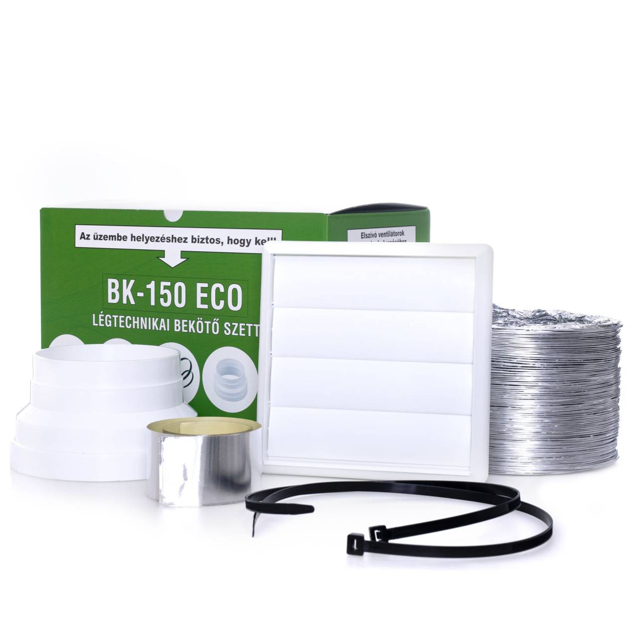 Cata BK150ECO bekötő szett 3 méteres 150mm átmérőjű egyrétegű flexibilis ALU cső, 2db rögzítő bilincs, 2db légtechnikai rögzítő szalag, 1db zsalusrács, 1db hengeres szűkítő