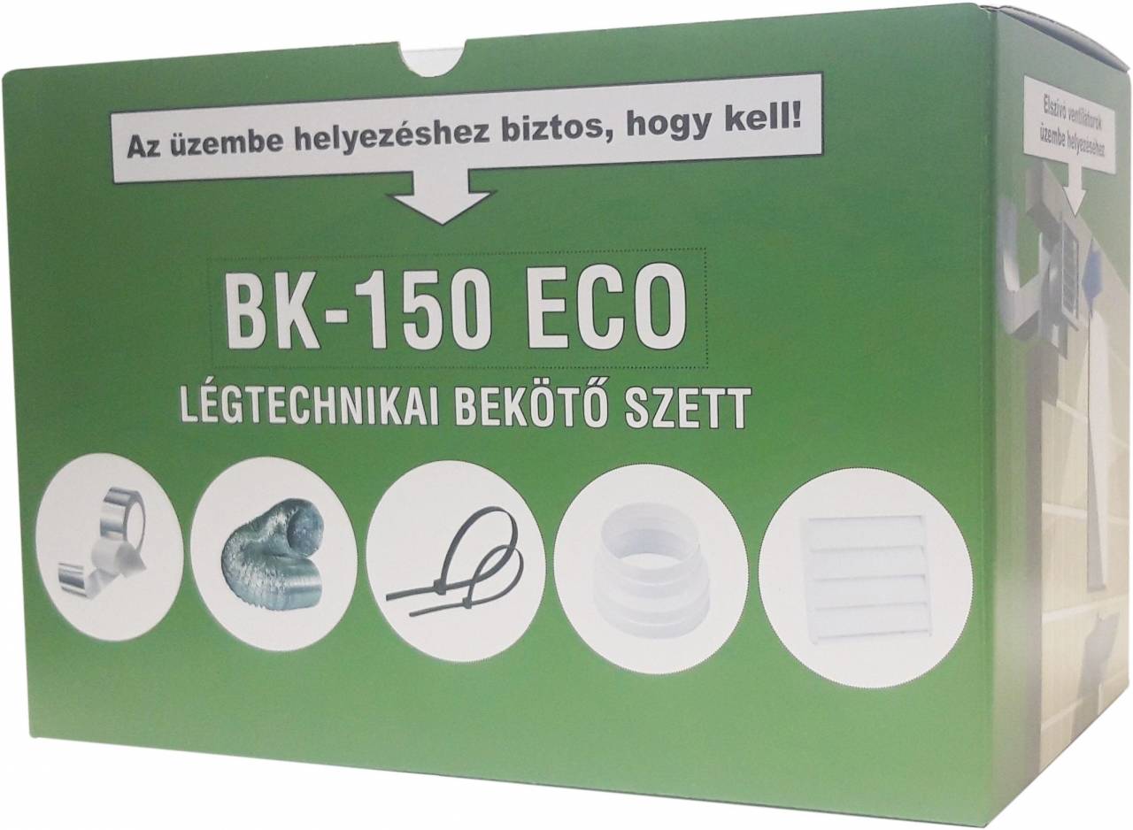 Cata BK150ECO bekötő szett 3 méteres 150mm átmérőjű egyrétegű flexibilis ALU cső, 2db rögzítő bilincs, 2db légtechnikai rögzítő szalag, 1db zsalusrács, 1db hengeres szűkítő