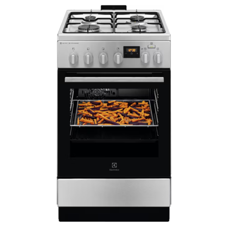 Electrolux LKK560232X inox kombinált tűzhely, hangjelzés; percszámlálás; időtartam és vége programozás; digitális programóra, egykezes szikragyújtás, tető nélkül