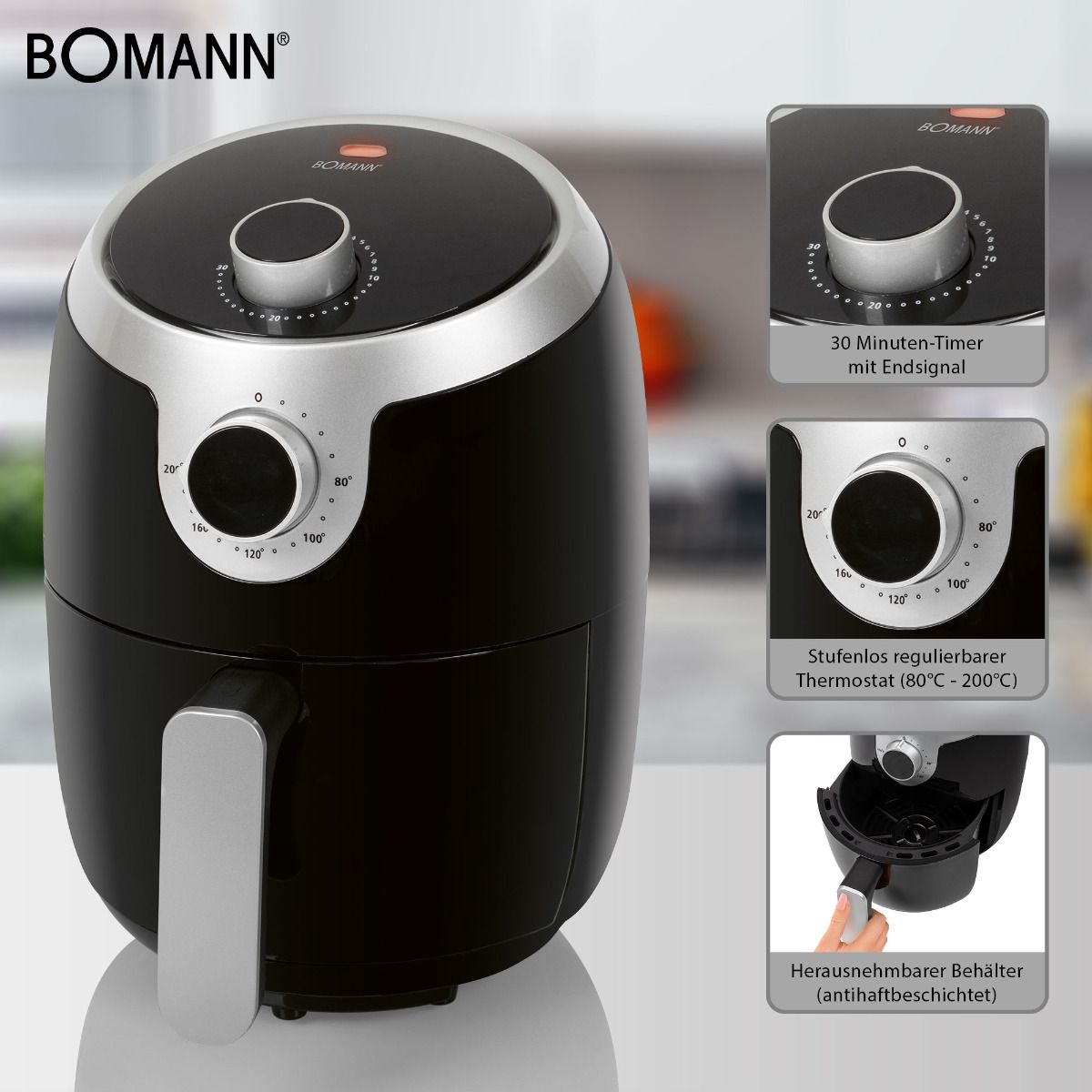 Bomann FR6050 H fekete air frier forrólevegős sütő 1,8l